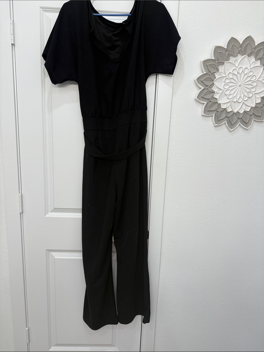 Black Short-Sleeve Wide-Leg Jumpsuit with Waist Tie
